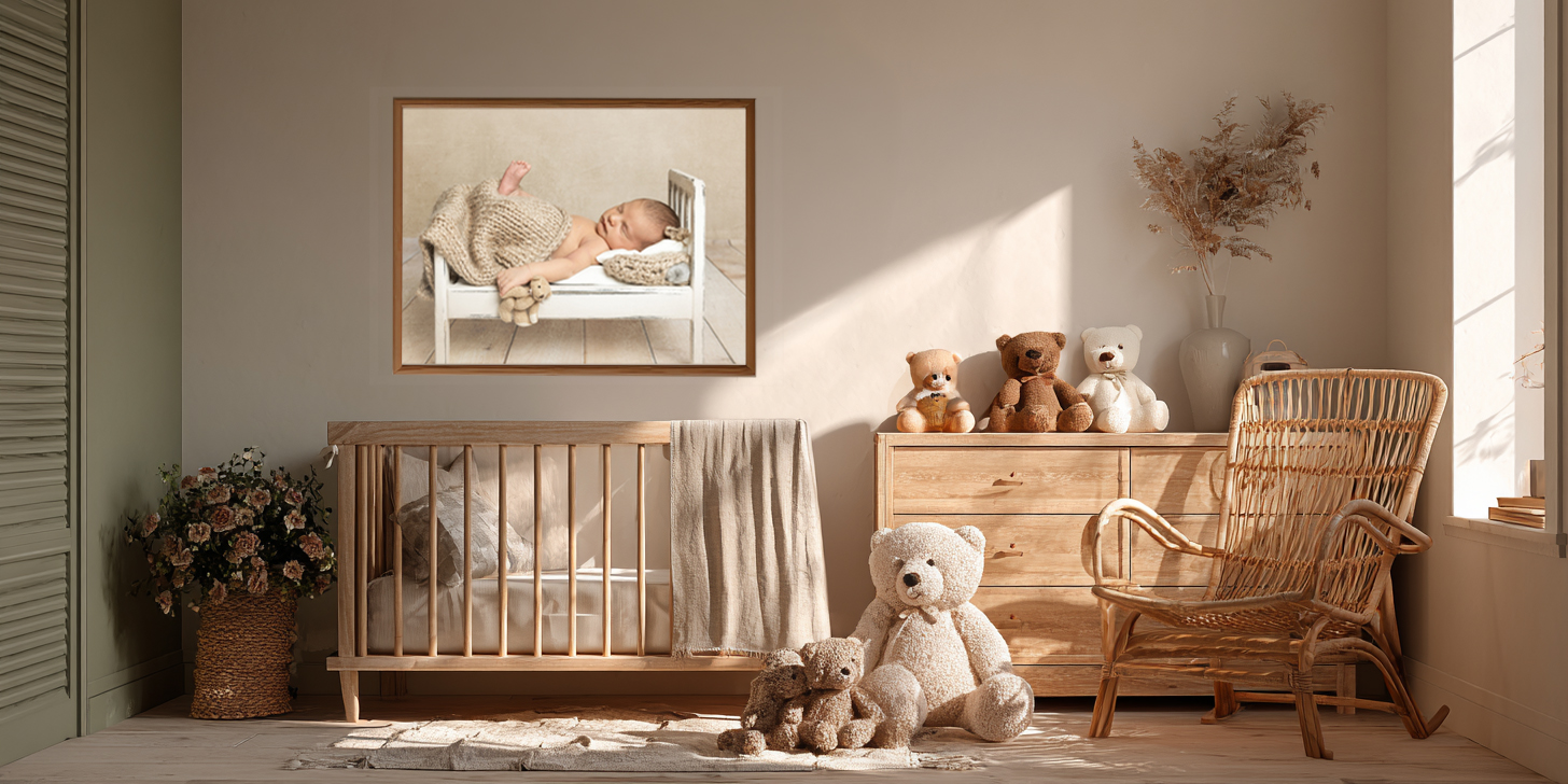 Helles, liebevoll eingerichtetes Babyzimmer in warmen Holz und Beige Tönen mit Babybett und Kommode. Über dem Bett hängt ein Neugeborenenfoto, das ein schlafendes Baby in einem weißen Vintage Bett mit Teddybär zeigt und als Wandbild eine ruhige, persönliche Atmosphäre schafft.