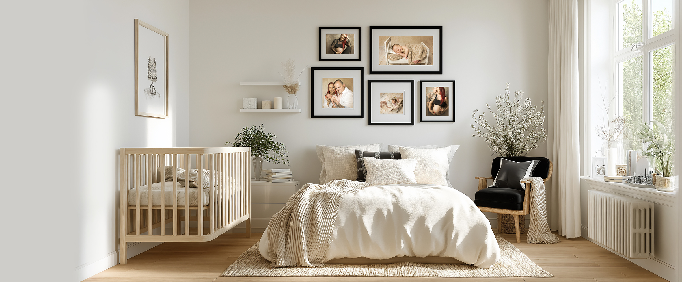 Babybauch und Newbornfotos an der Schlafzimmerwand als Collage in verschiedenen Größen