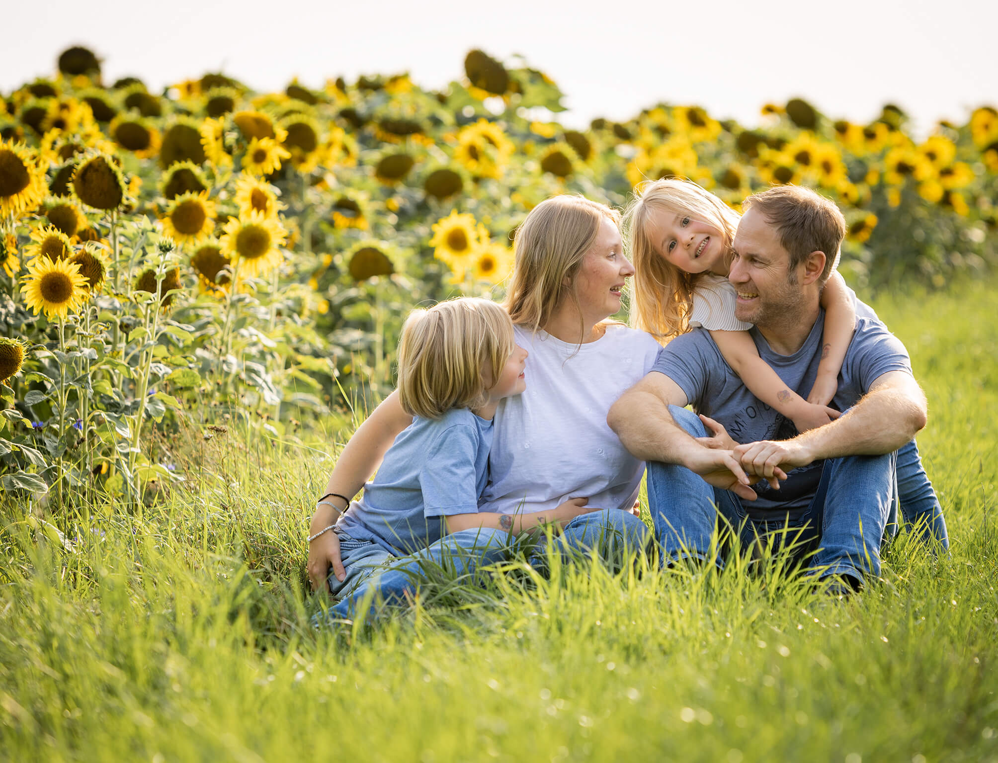 Sonnenblumenfeld-fränkischeschweiz-doris-dörfler-farbenfroh-familieylove Familie sitzt in einer grünen Wiese vor Sonnenblumen, alle in Jeans und T Shirt, das Kind lacht in die Kamera.