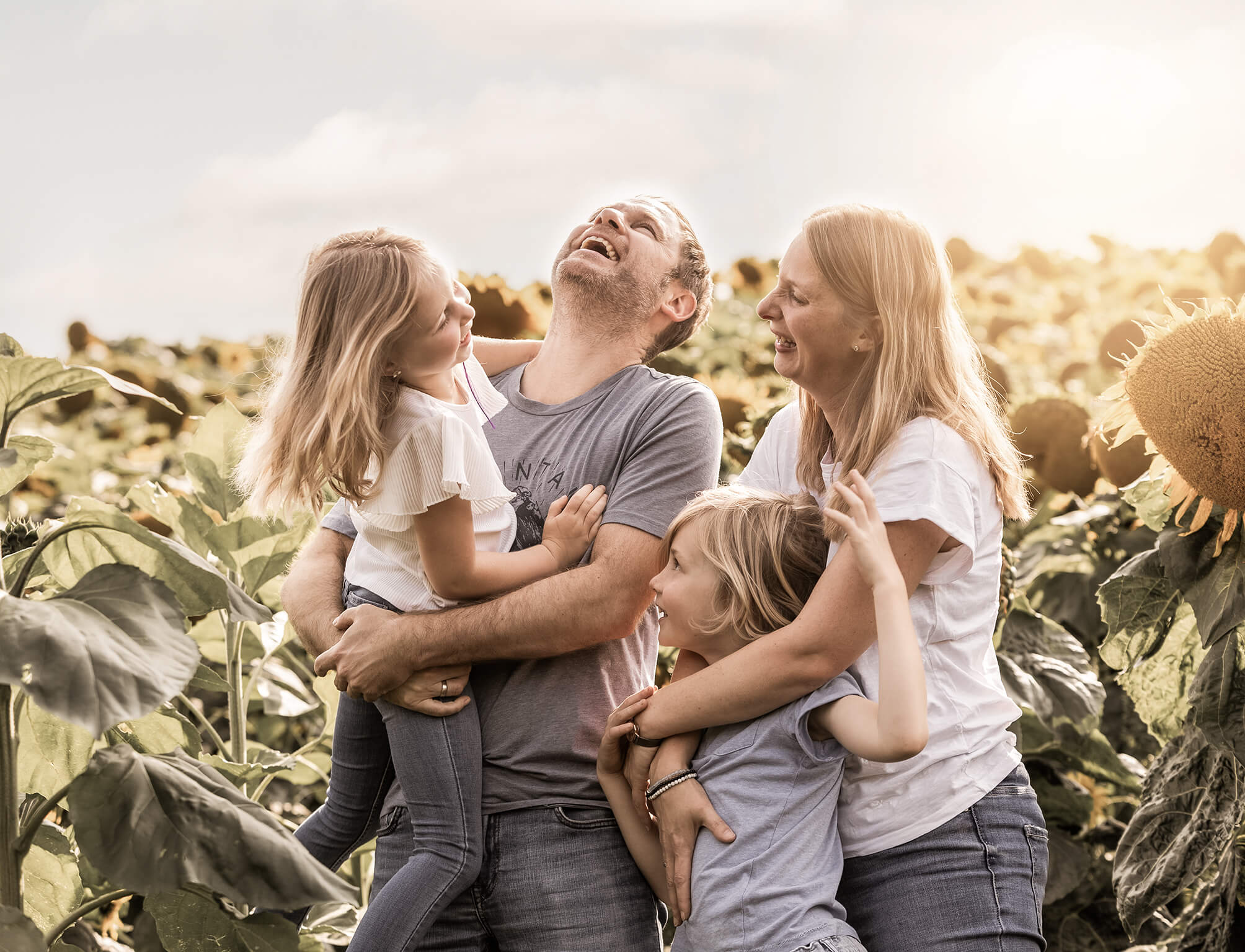 Sonnenblumenfeld-fränkischeschweiz-doris-dörfler-glücklich-familieylove-vintagelook Familie steht vor einem Sonnenblumenfeld, der Papa lacht nach oben, Mama und Kinder beobachten ihn.