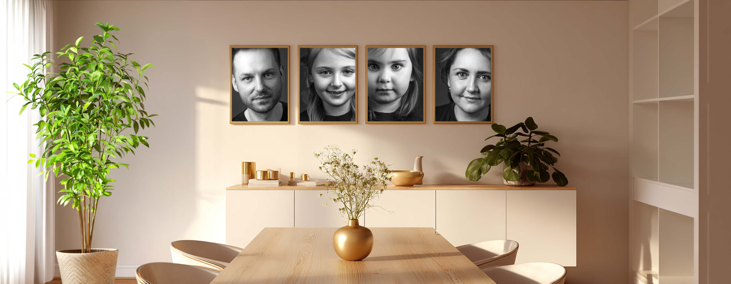 Wandbilder-wohnzimmer-doris-dörfler-blackandwhite-einzelportrait Esszimmer mit vier schwarz weiß Familienbildern als Wandgestaltung über einer Kommode.